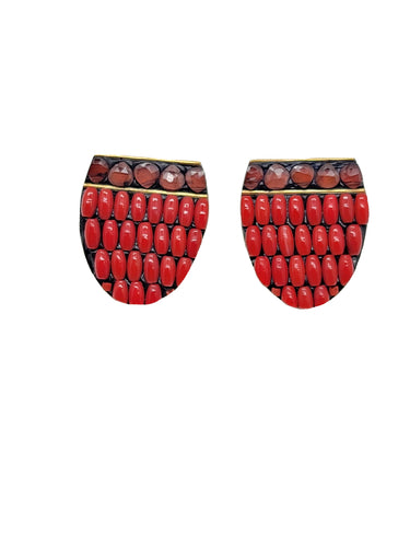 A Y N U R  Coral & Red Agate Shield Earring