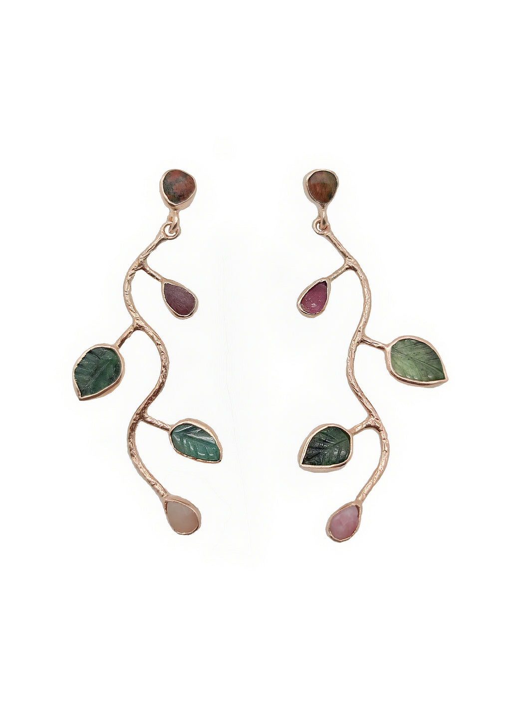 F U S U N Emerald & Tourmaline Carved Leaf Earring